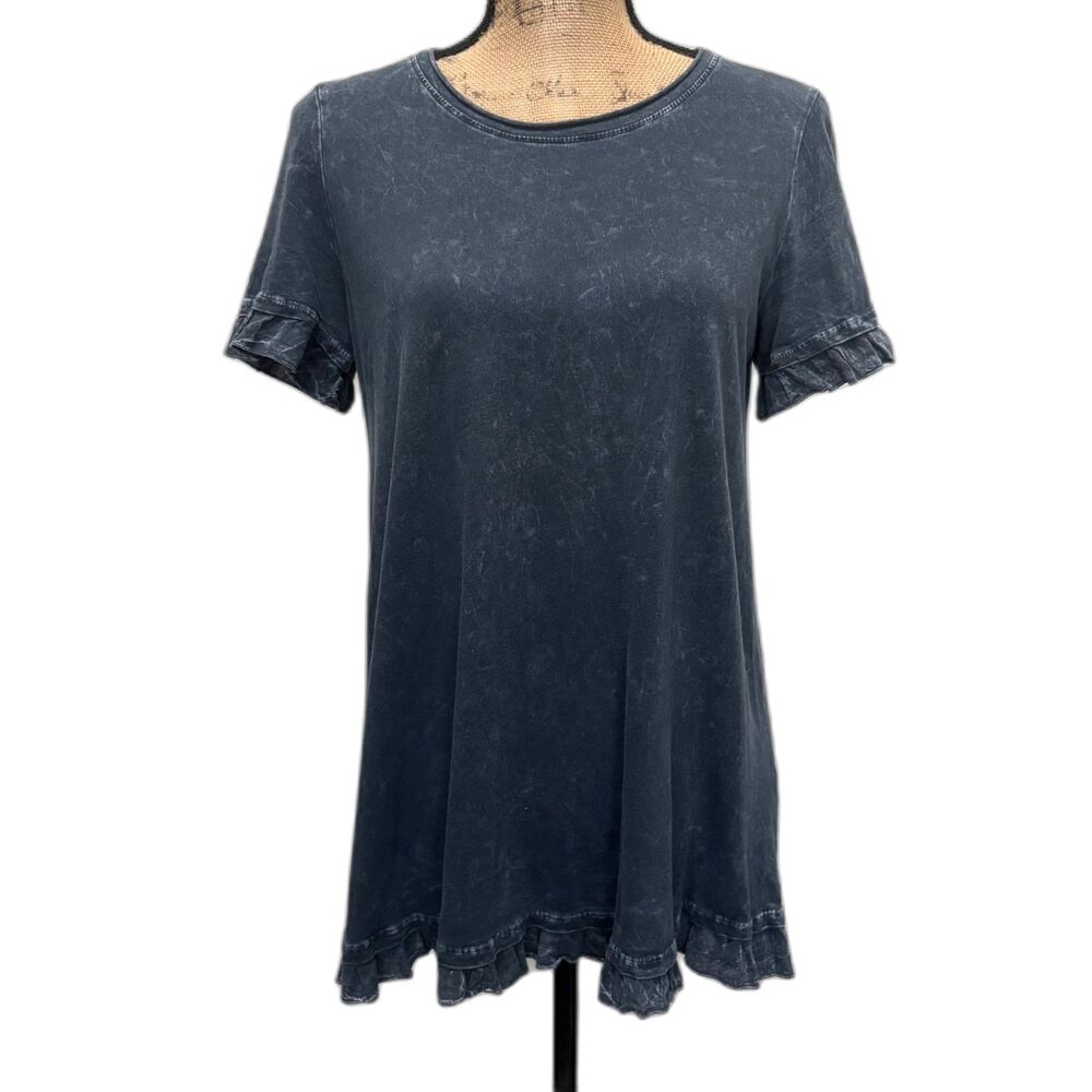 Altar'd State Washed Navy Short Sleeve Ruffle Hem Tee